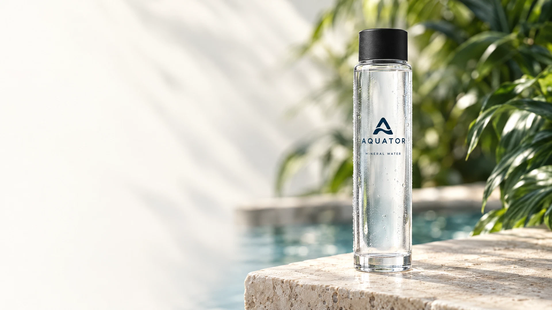 AQUATOR cylindrical glass bottle concept with a matte black cap, beside tropical greenery and water