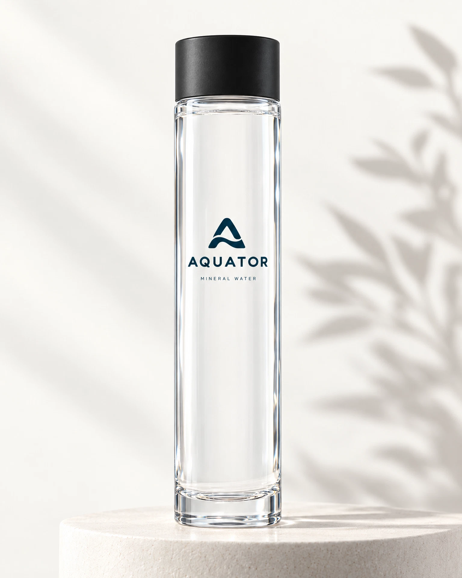AQUATOR’s updated tall, straight-sided cylindrical clear glass bottle concept with a matte black full-width cap and original navy branding