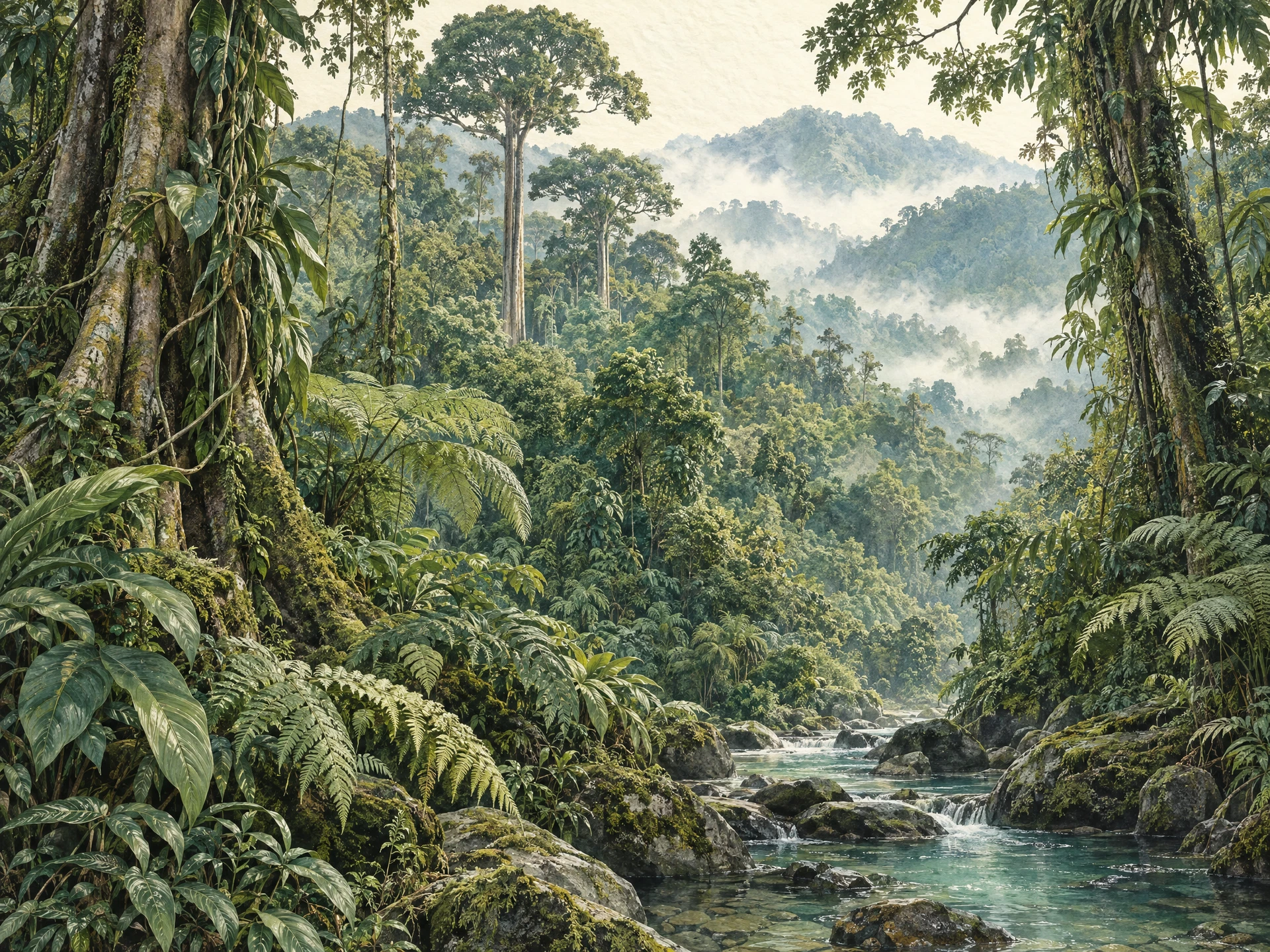 Botanical illustration of a lush Malaysian hill rainforest with a layered canopy, ferns, climbers and a shaded stream